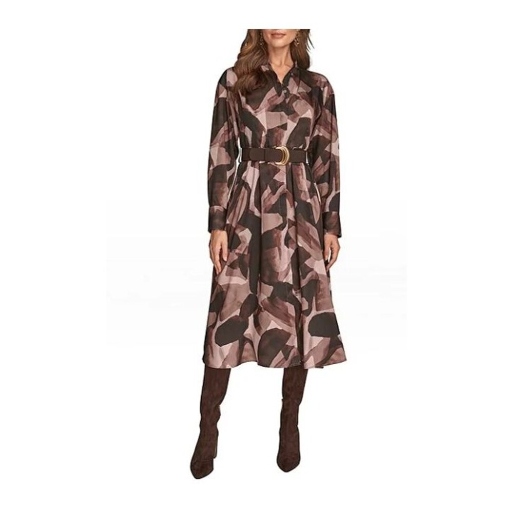 Donna Karan Twill Crew Neck Long Sleeve Belted Midi Shirt Dress SIZE 6 brown